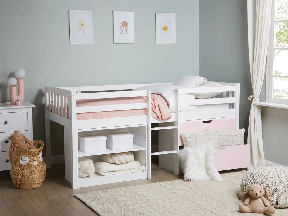 Letto per bambini in legno bianco e rosa UE misura singola 90 x 200 cm con telaio a doghe cassetti e ripiani letto per bambini piccoli