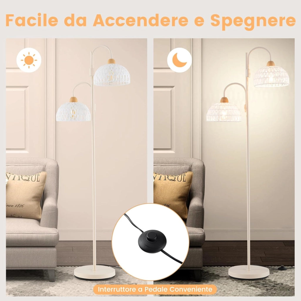 Lampada da Terra, Lampada Piantana da Terra Rotante a 350° con Interruttore a Pedale, Paralumi Intrecciati e 2 Supporti per Bulbi E27, Base Pesante e Stelo Metallico