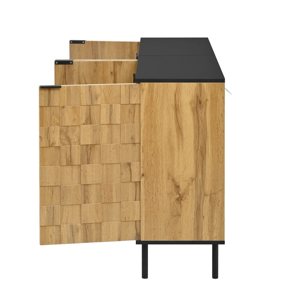Credenza a 2 ante con ripiano fisso, effetto mosaico, per soggiorno, in truciolato, naturale e nero, 160 × 35 × 80,5 cm