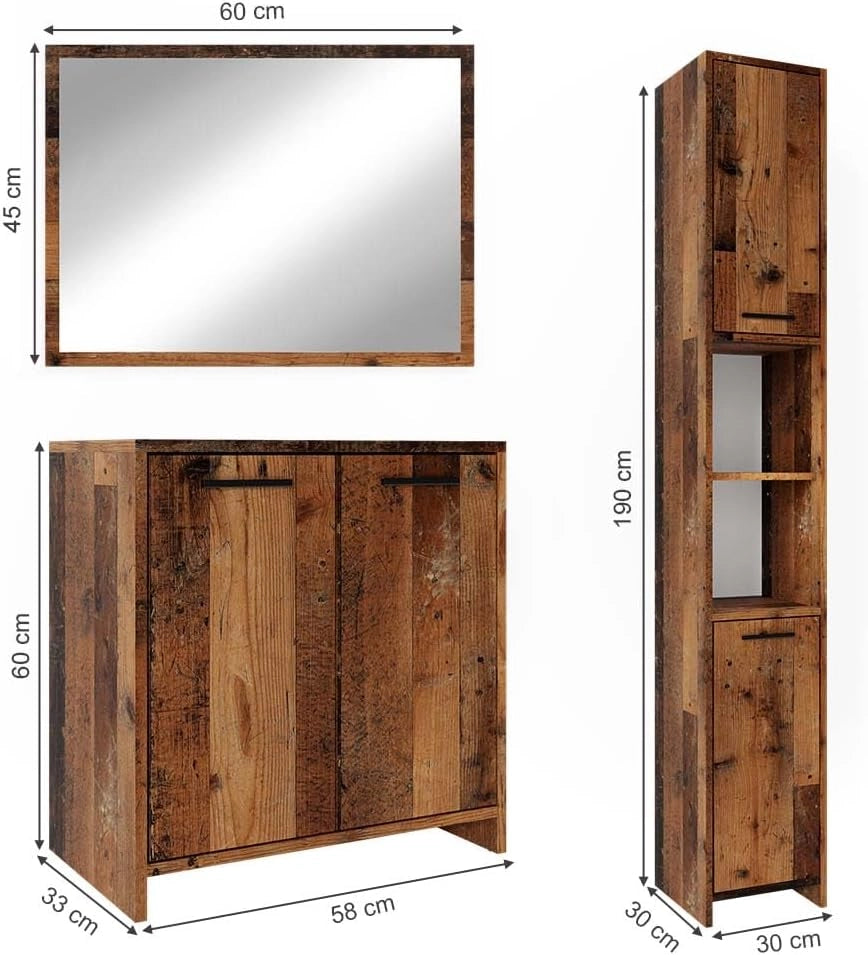 Set mobili bagno Kiko, Rovere rustico, 58 cm, composto da mobile sottolavabo, specchiera e colonna alta