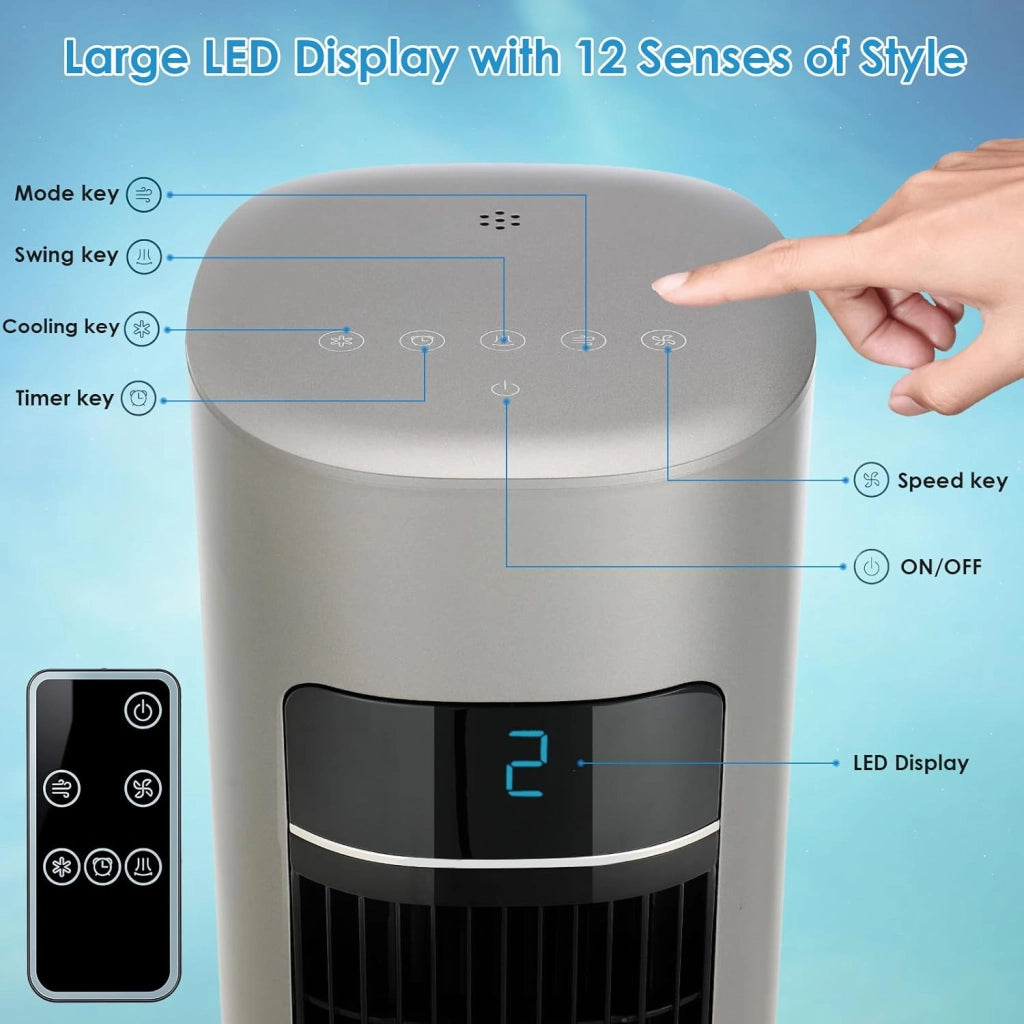 Ventilatore a torre con diffusore di aromi, telecomando a 3 livelli, con raffreddamento ad acqua, oscillazione 50°, timer 12 ore e modalità sleep per ufficio/casa, ventilatore silenzioso da