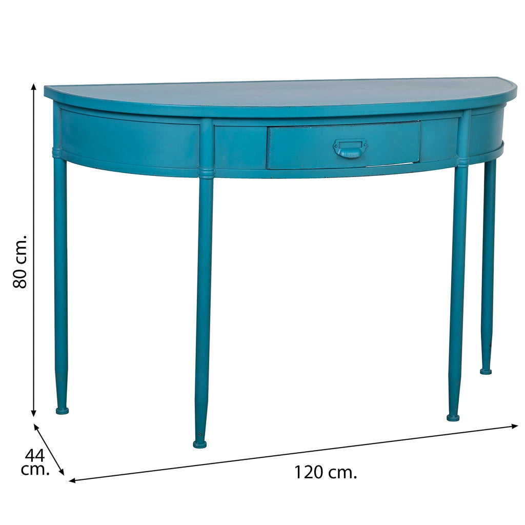 Console in metallo con 1 cassetto blu invecchiato 120x44x80