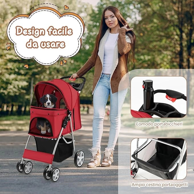 Passeggino Animali Domestici Pieghevole, 2 in 1 Trasportino per Cani/Gatti, con Porta Doppio, Freno Posteriore, 4 Ruote Girevoli, Carrozzina Compatta (Nero, Singolo) (Rosso, Singolo)