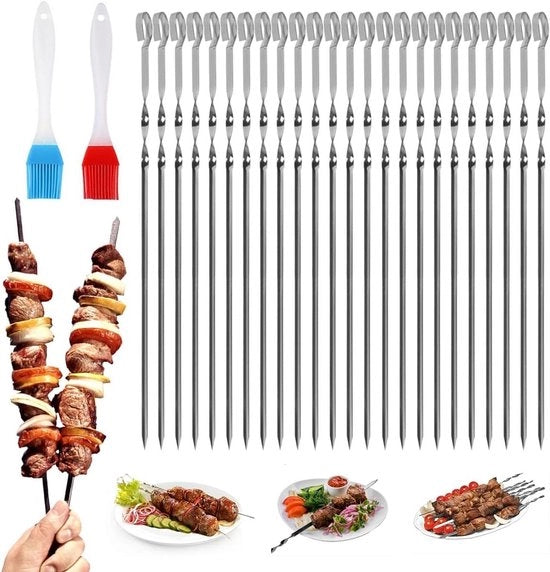 Spiedini Premium in acciaio inossidabile da 30 cm - 24 pezzi - Spiedini per barbecue o griglia con spazzola in silicone