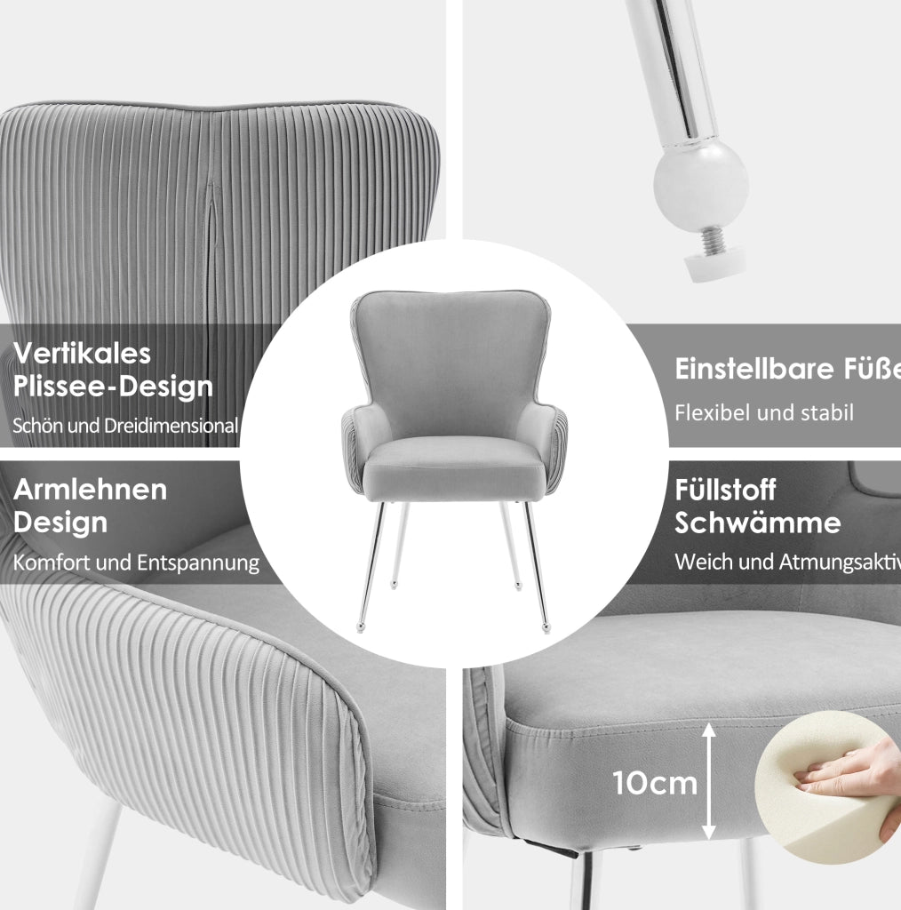 Set di 2 sedie da pranzo in velluto grigio con braccioli e gambe in metallo
