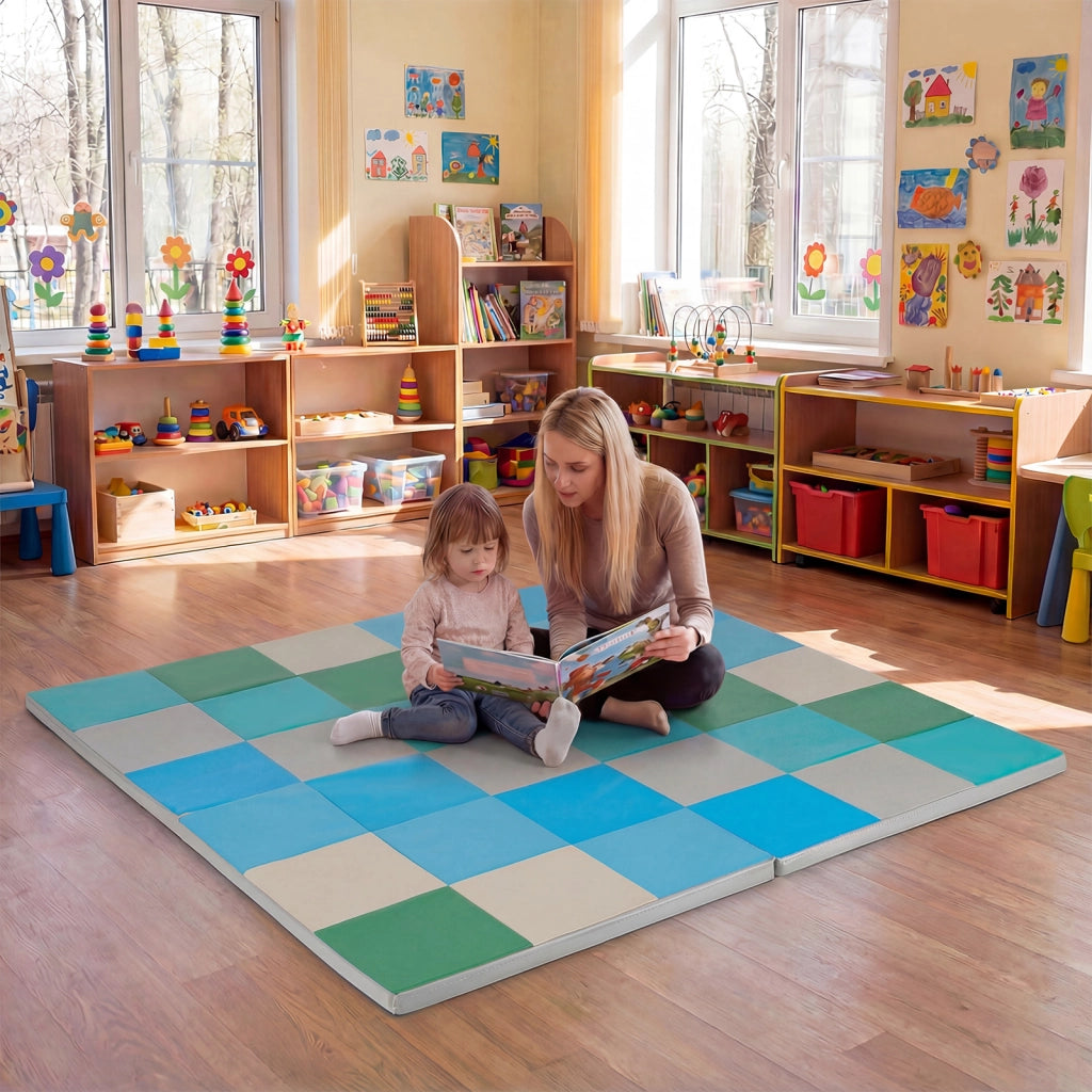 Tappetino attivit¨¤ patchwork per bambini pieghevole impermeabile, Tappetini da gioco set 2 pz 144x144cm Blu