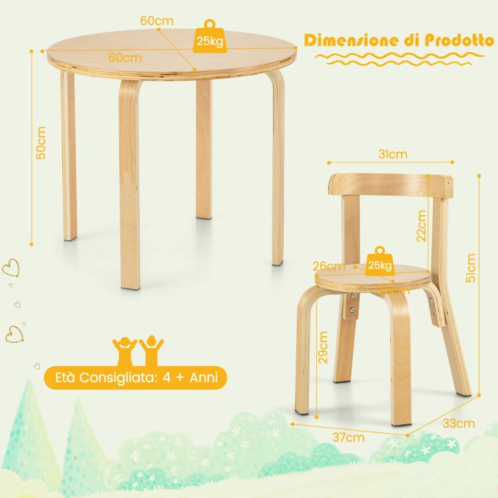 Set tavolo e sedie per bambini da 5 pezzi con schienale curvo in legno-Tavolo attività con 4 sedie Naturale