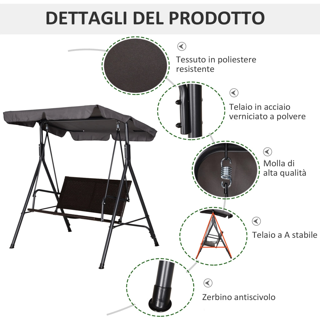 Dondolo da Giardino 2 Posti con Tettuccio Regolabile, 140x110x151 cm, Marrone e Grigio