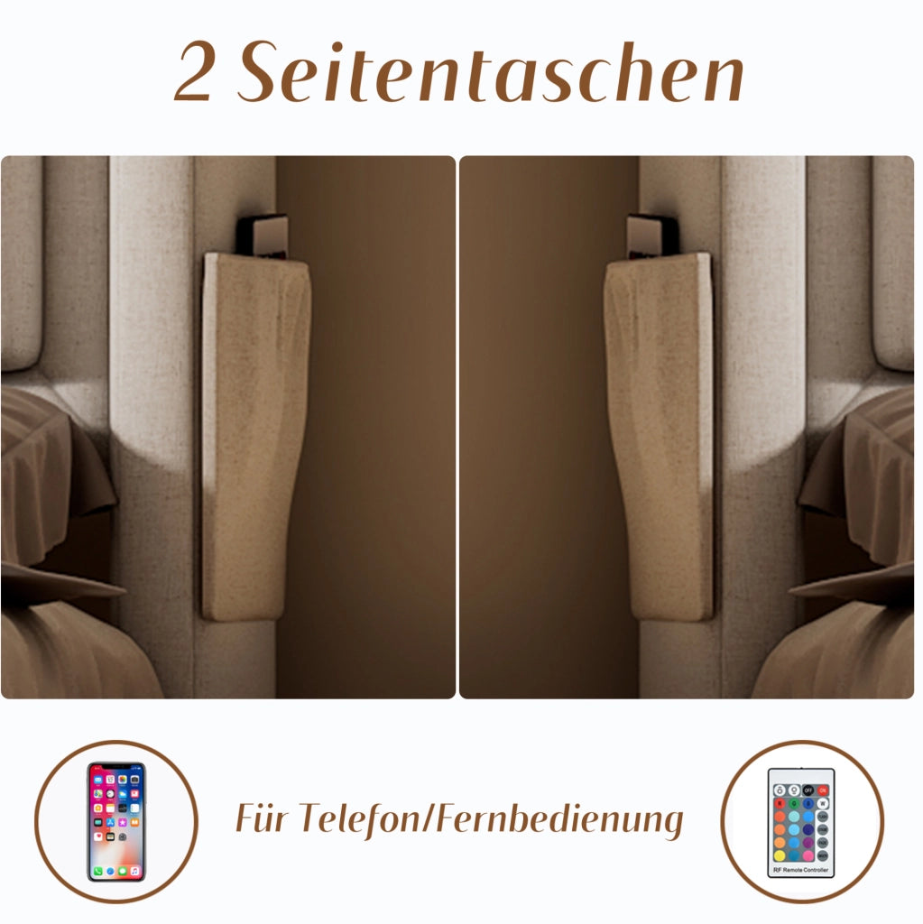 Letto imbottito 180x200 cm in cotone e lino; con LED; USB e 4 cassetti; beige