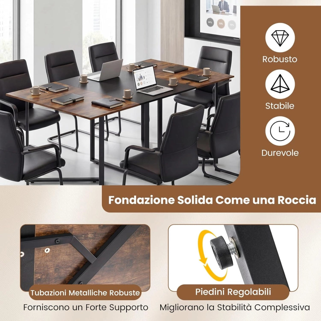 Tavolo da Conferenza 180 x 100 cm, Tavolo Riunioni Grande per 6-8 Persone, Postazione da Lavoro Stile Industriale con 2 Passacavi per Ufficio e Sala Riunioni
