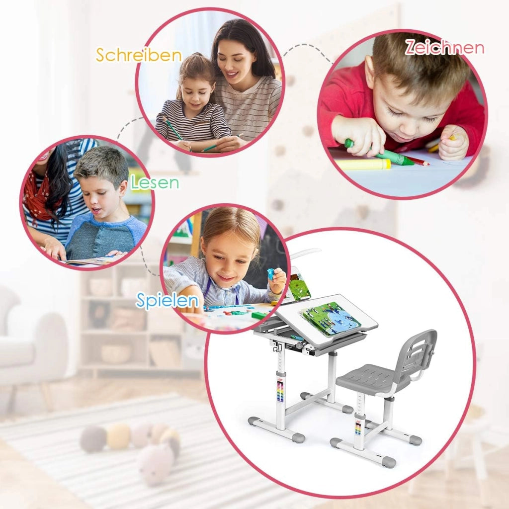 Scrivania per Bambini con Sedia, Tavolo con Lampada, Cassetto e Ripiano di Lettura Inclinabile, Regolabili in Altezza e Schienale, per Studio/Pittura, Carico di 80kg, 66x47x54-76cm (Rosa)