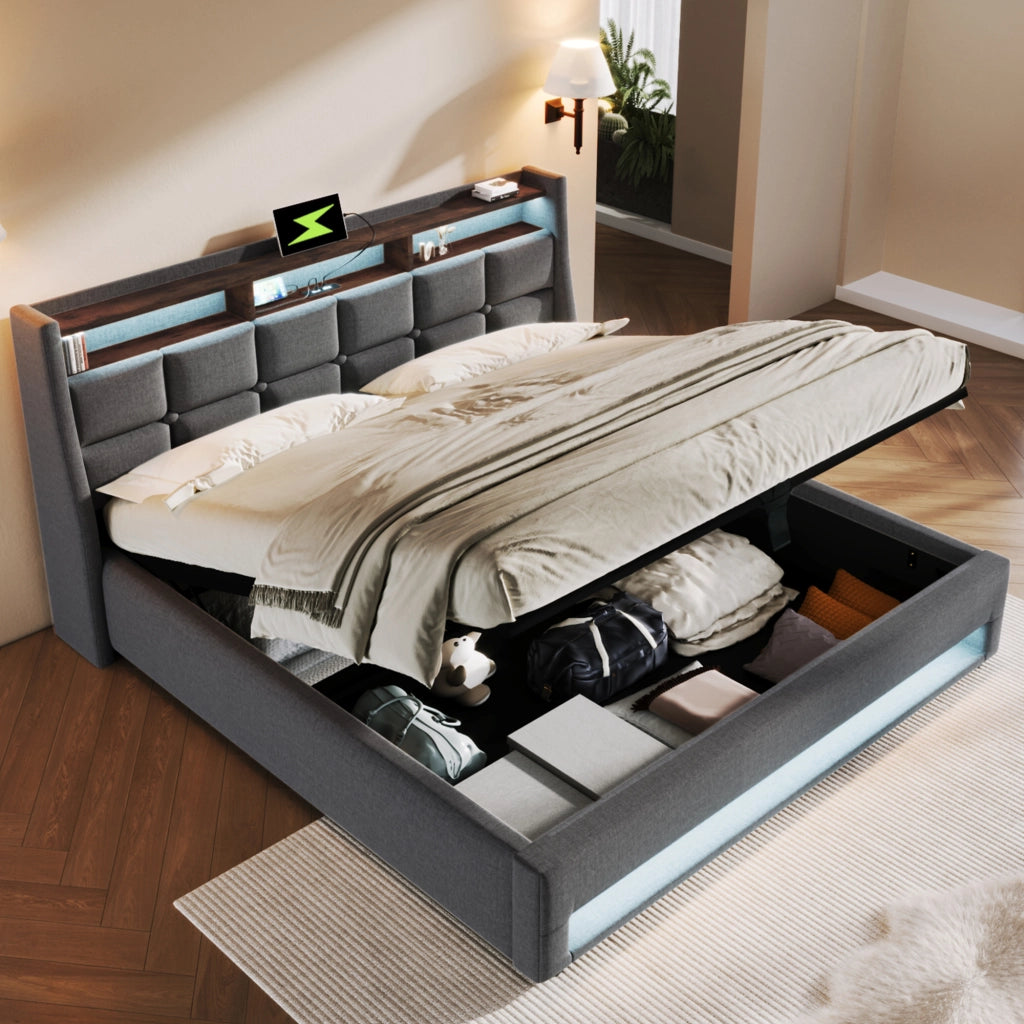 OKWISH Letto Contenitore 140×200 cm, Letto Matrimoniale con USB, LED Regolabile e Mensola, senza Materasso, in Lino, Grigio