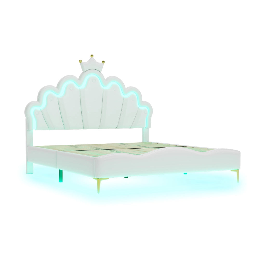 Letto Matrimoniale 140 x 200 cm con LED Regolabile e Testiera Regolabile; senza Materasso; PU Bianco