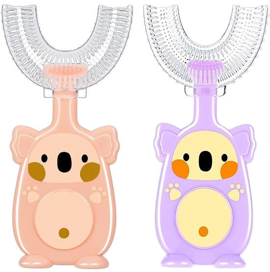 Set di spazzole per bambini a forma di U, 2 pezzi, spazzola per bambini, a forma di U, 360° per tutta la bocca, spazzola per bambini in silicone, a forma di U, per bambini da 2 a 4 anni (rosa + blu)