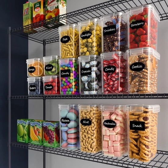 Scatola di conservazione per cucina, 16 pezzi, scatole con coperchio ermetico in plastica, scatole di conservazione, organizzatore per cereali, farina, pasta (2 l, 1,6 l, 1,4 l, 0,8 l)