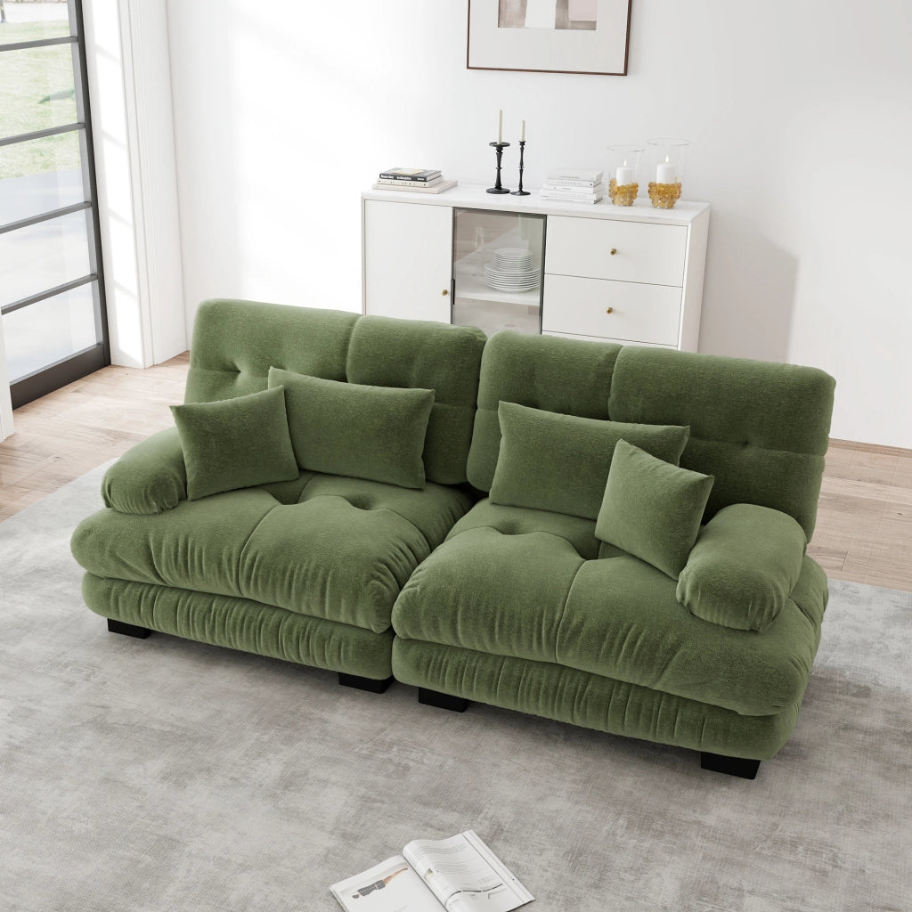 Divano modulare con seduta profonda e cuscini lombari e decorativi per soggiorno in ciniglia verde 220 × 77 × 81 cm