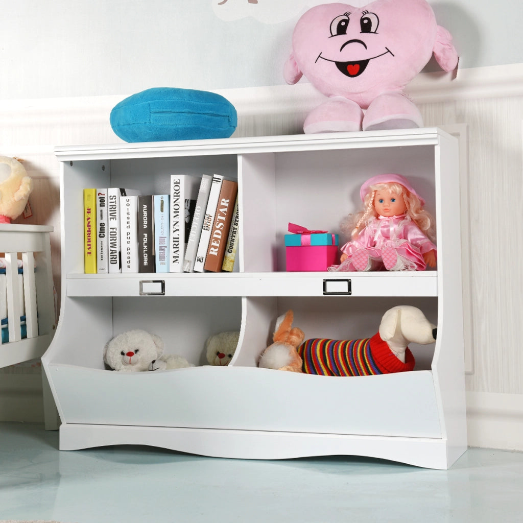 Mobile porta giocattoli con 2 vani e 2 contenitori, Organizer giochi per bambini in legno 105x39,5x83,5cm Bianco