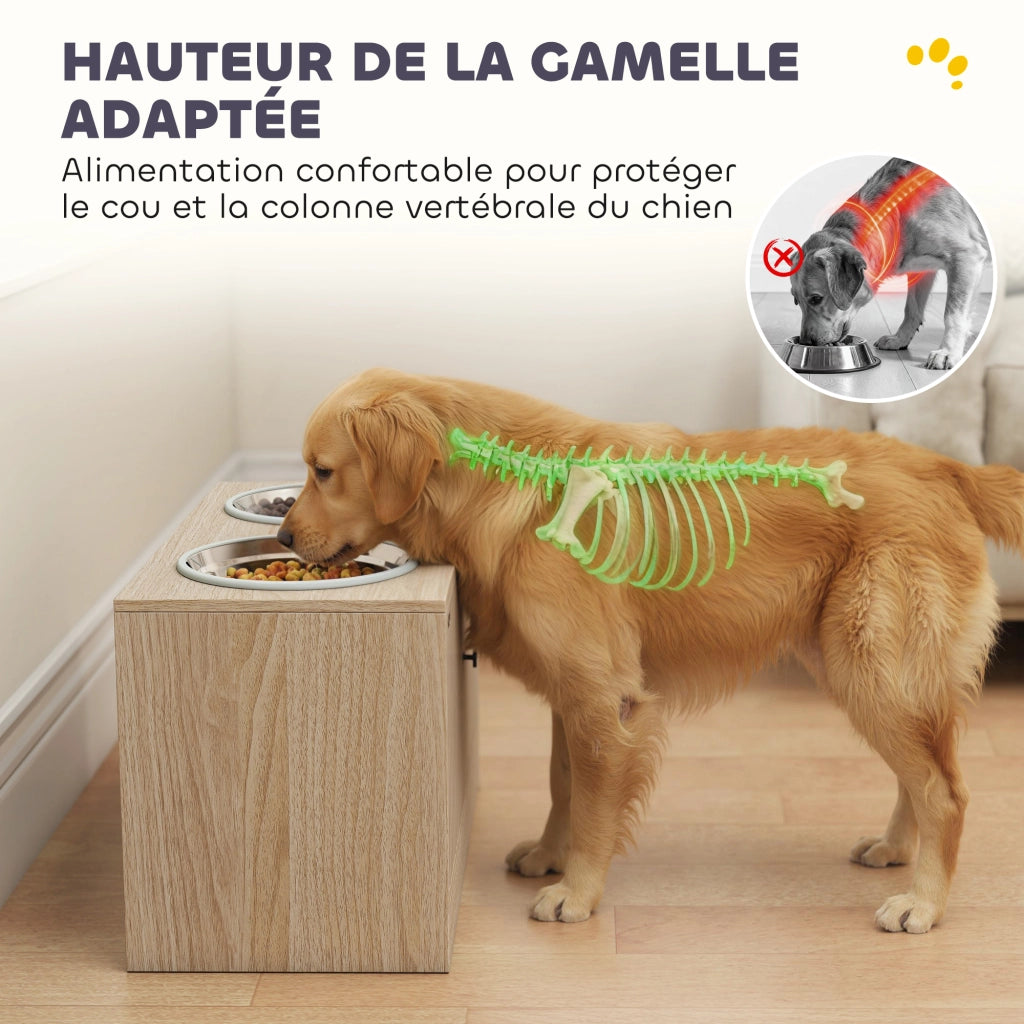 Ciotole rialzate per cani con contenitore 40L ¨C Xylo ¨C 2 ciotole inox 60x30x35,5cm quercia