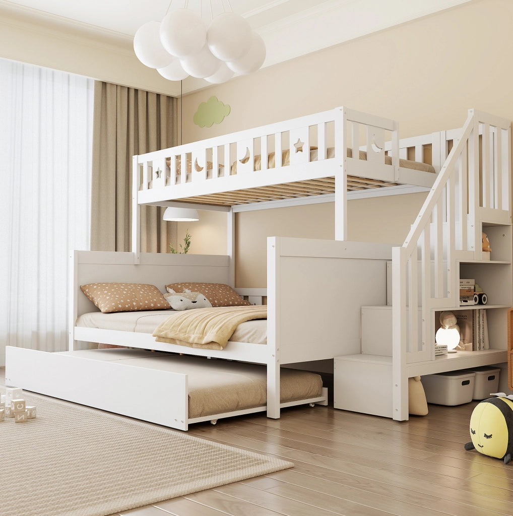 Letto a castello per bambini con scala contenitore, letto estraibile e rete