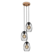 Lampadario Vintage Industrial Waktu Metallo Nero Legno Marrone 3 Luci E27