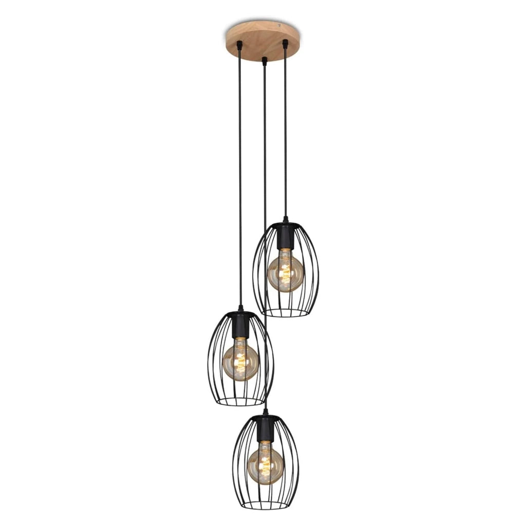 Lampadario Vintage Industrial Waktu Metallo Nero Legno Marrone 3 Luci E27
