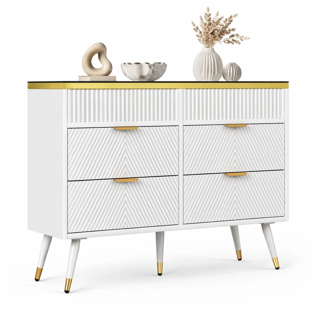 Cassettiera moderna con 6 cassetti, vetro marrone, struttura in truciolare e metallo, 120 x 40 x 76 cm
