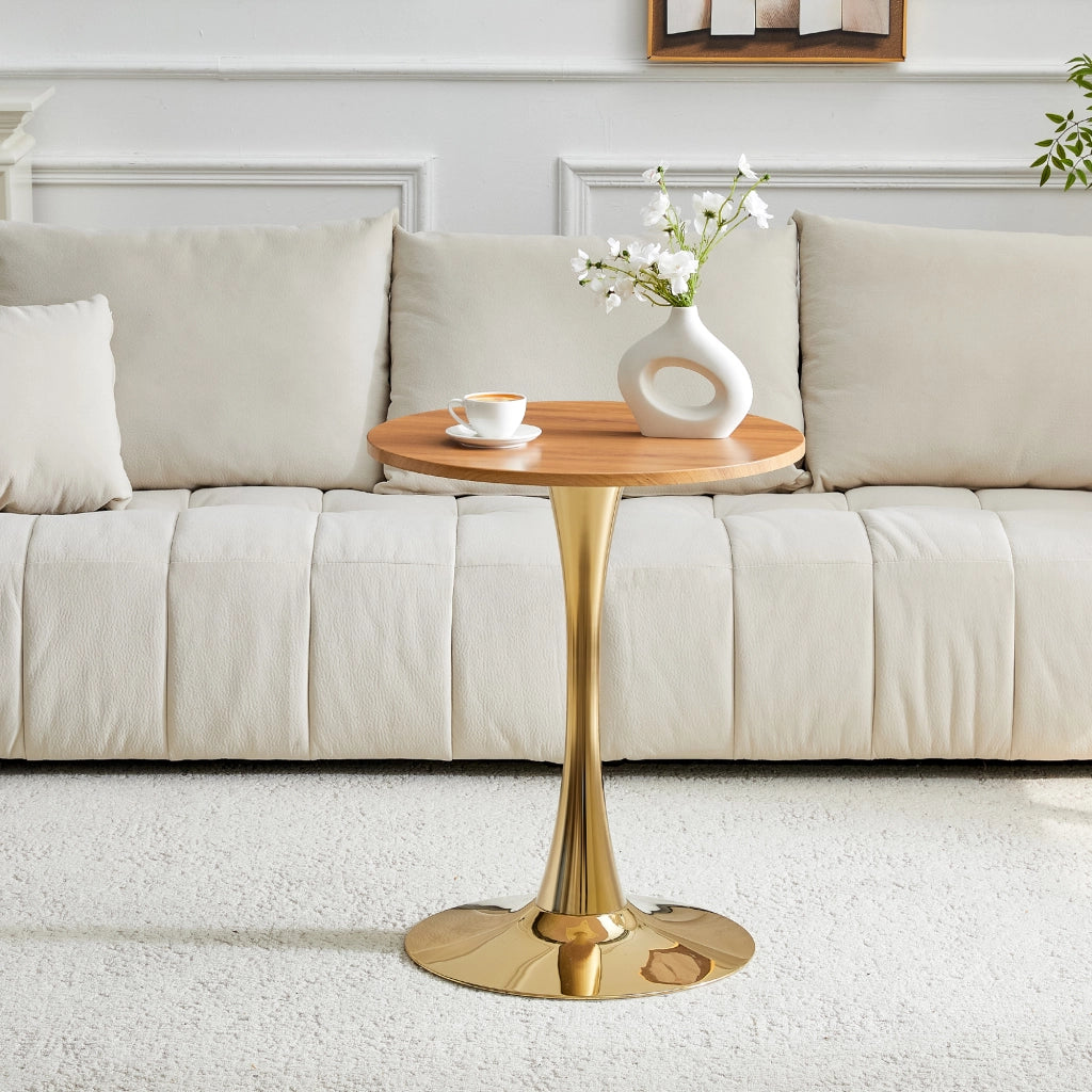 Tavolo rotondo da pranzo per 2 persone con base in metallo dorato e piano effetto legno, per soggiorno, 60 cm