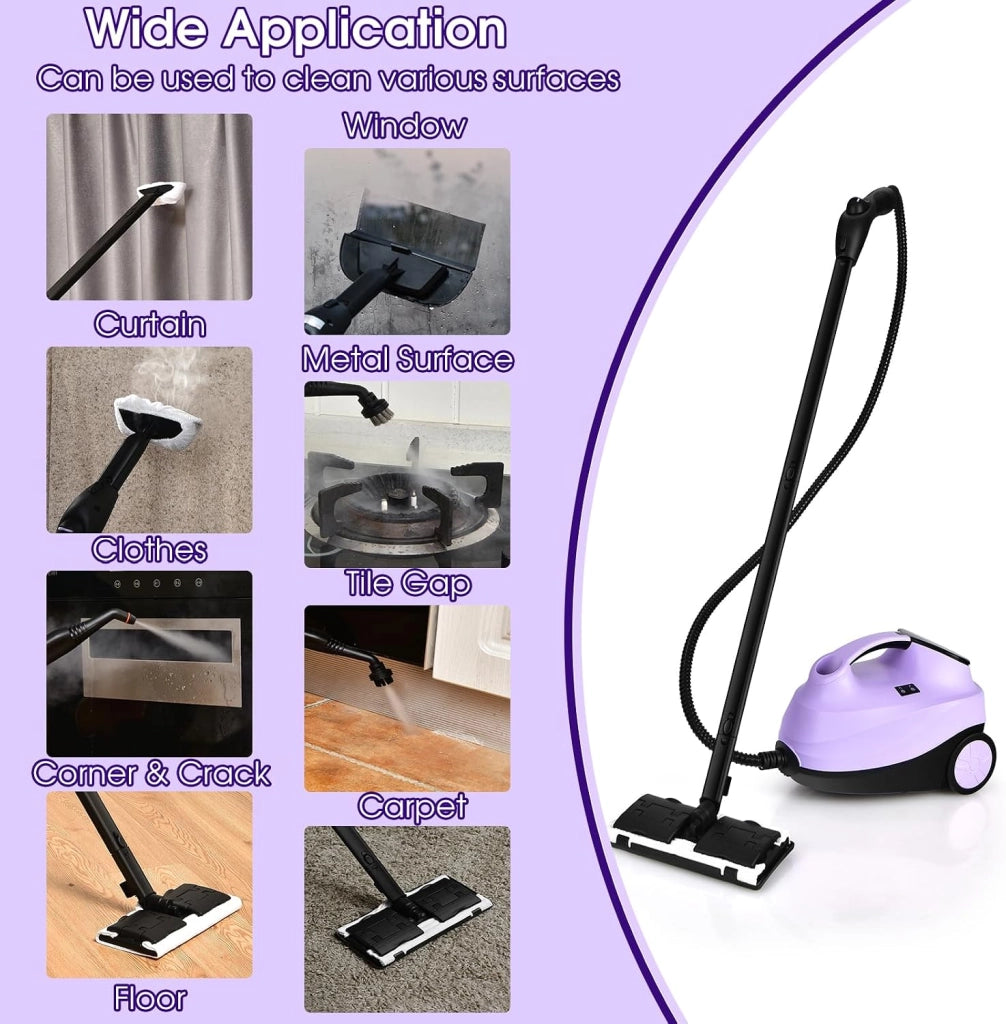 Pulitore a Vapore Portatile 2000W, Pressione del Vapore: 4 Bar, Massimo 108℃, Preriscaldamento: 5-6 Min, Serbatoio dell'Acqua: 1,5L, con 19 Accessori, per Divano, Pavimento, Finestra (Viola)