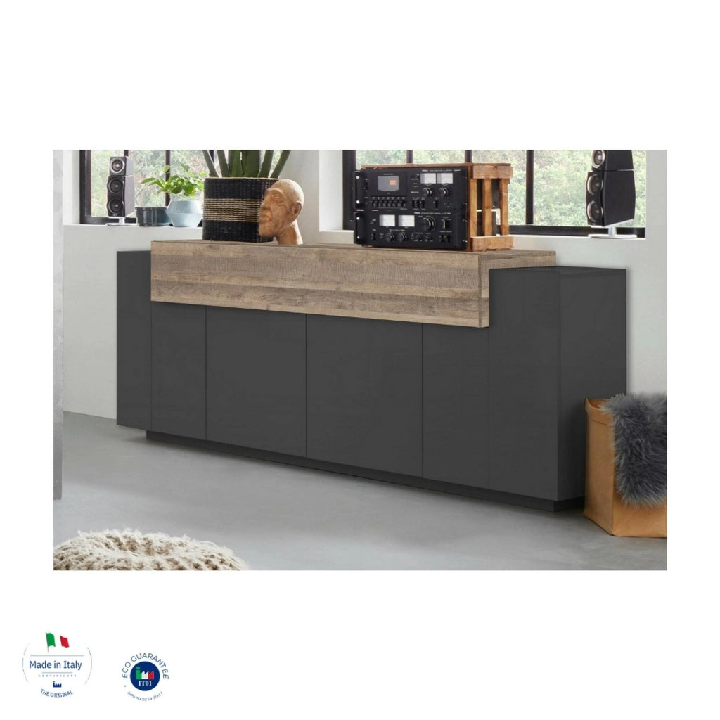 Credenza Discordia, Madia da cucina a 4 ante, Buffet da soggiorno, 100% Made in Italy, cm 220x45h86, Antracite e Acero