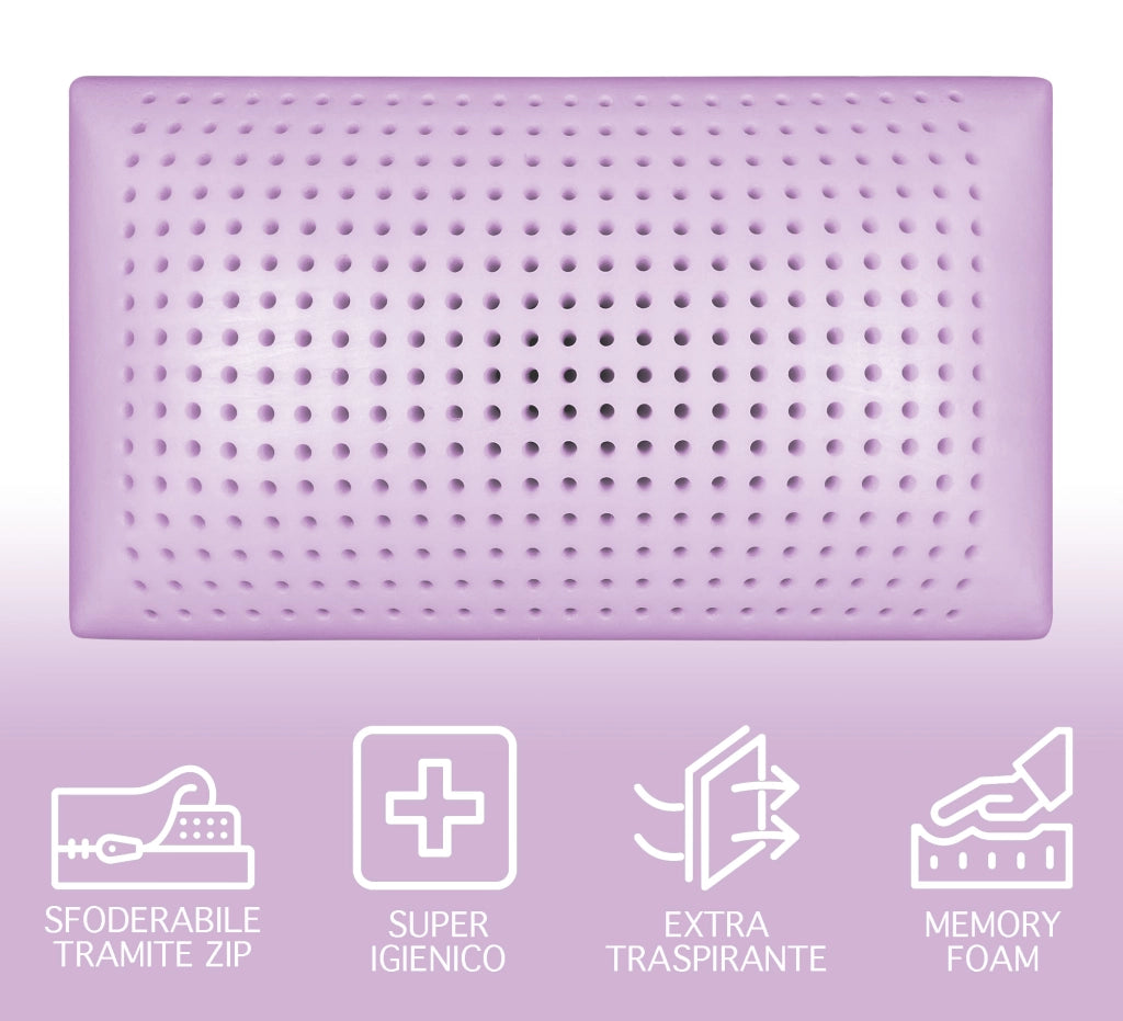 Guanciale Anatomico Aloe Vera Memo Cuscino Letto Saponetta Traspirante Memory Foam Anallergico Prodotto Italiano - Lavanda - 1 Cuscino