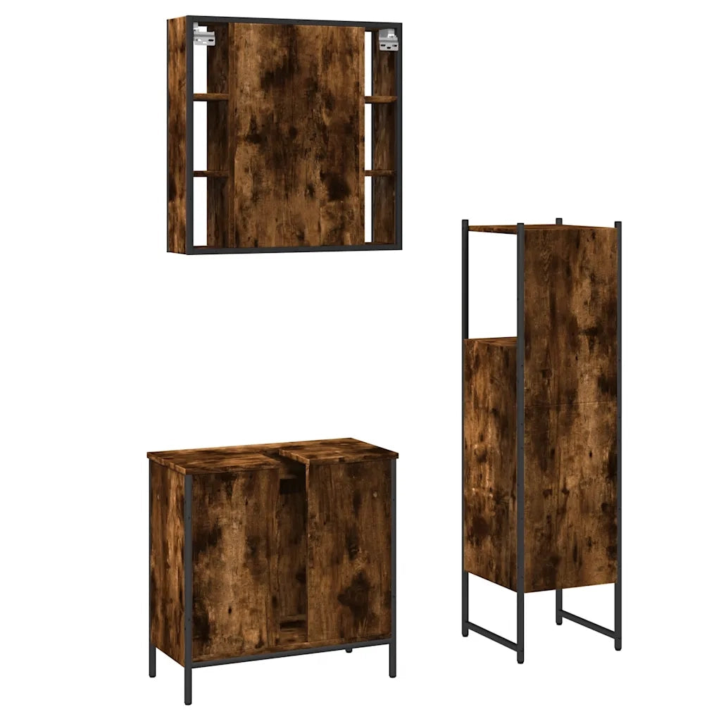 Set Mobili da Bagno 3 pz Rovere Fumo in Legno Multistrato 3214762