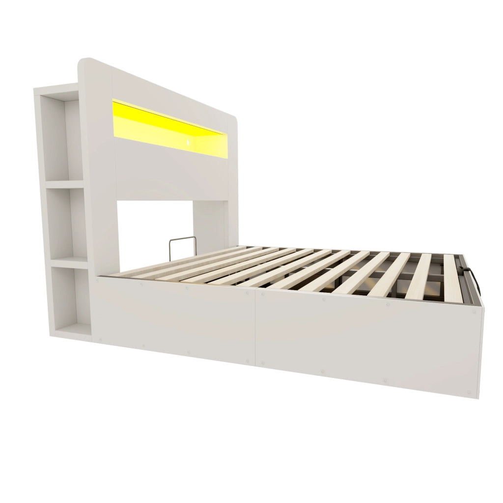 Letto Contenitore 140x200 cm e 180x200 cm con LED; prese e mensole in legno bianco