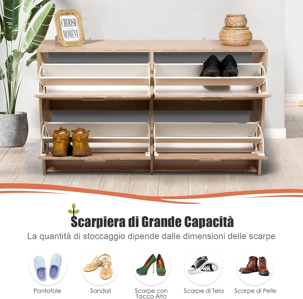 Portascarpe Scarpiera Salvaspazio da Ingresso, Organizer Scarpe con 4 Scomparse, in Legno (quercia)