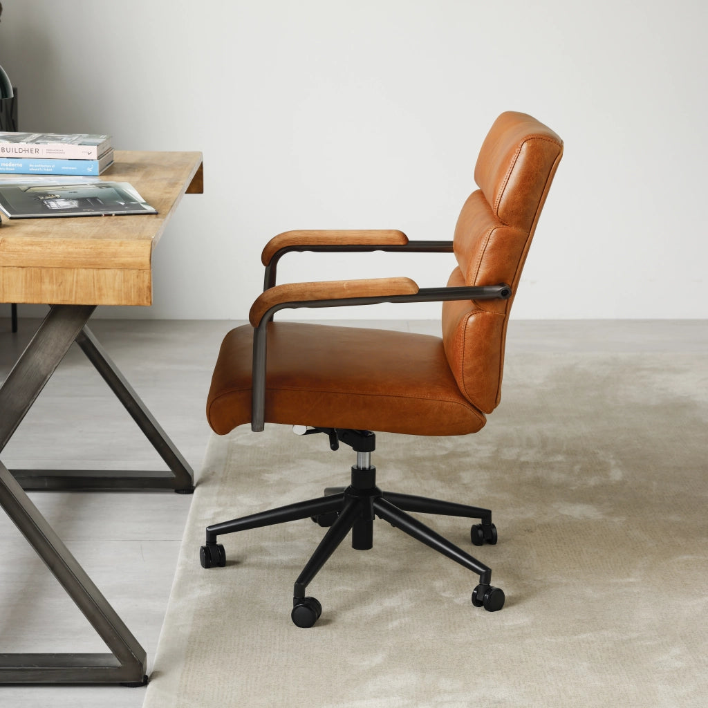 SEDIA UFFICIO Girevole 360° In Pelle Marrone con Braccioli in Legno