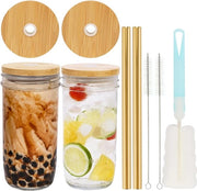 Set di bicchieri per bubble tea da 2 pezzi con cannuccio, bicchiere con cannuccio e coperchio in bambù antifungo, bicchiere per il ghiaccio con imboccatura ampia, set di bicchieri Mason Jar Tumbler Cup per boba tea