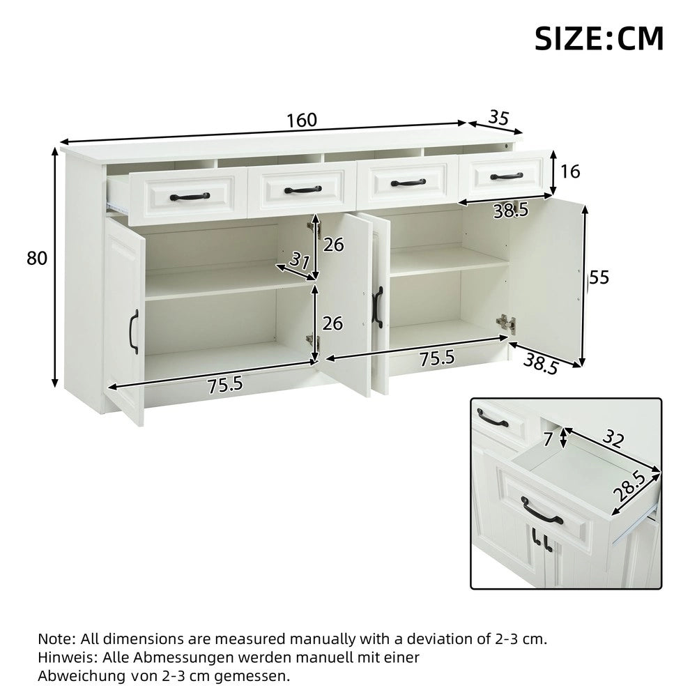 Credenza Bianca con Cassetti e Ante in MDF ¨C MINIMAL ¨C 160 cm, Design Moderno per Soggiorno