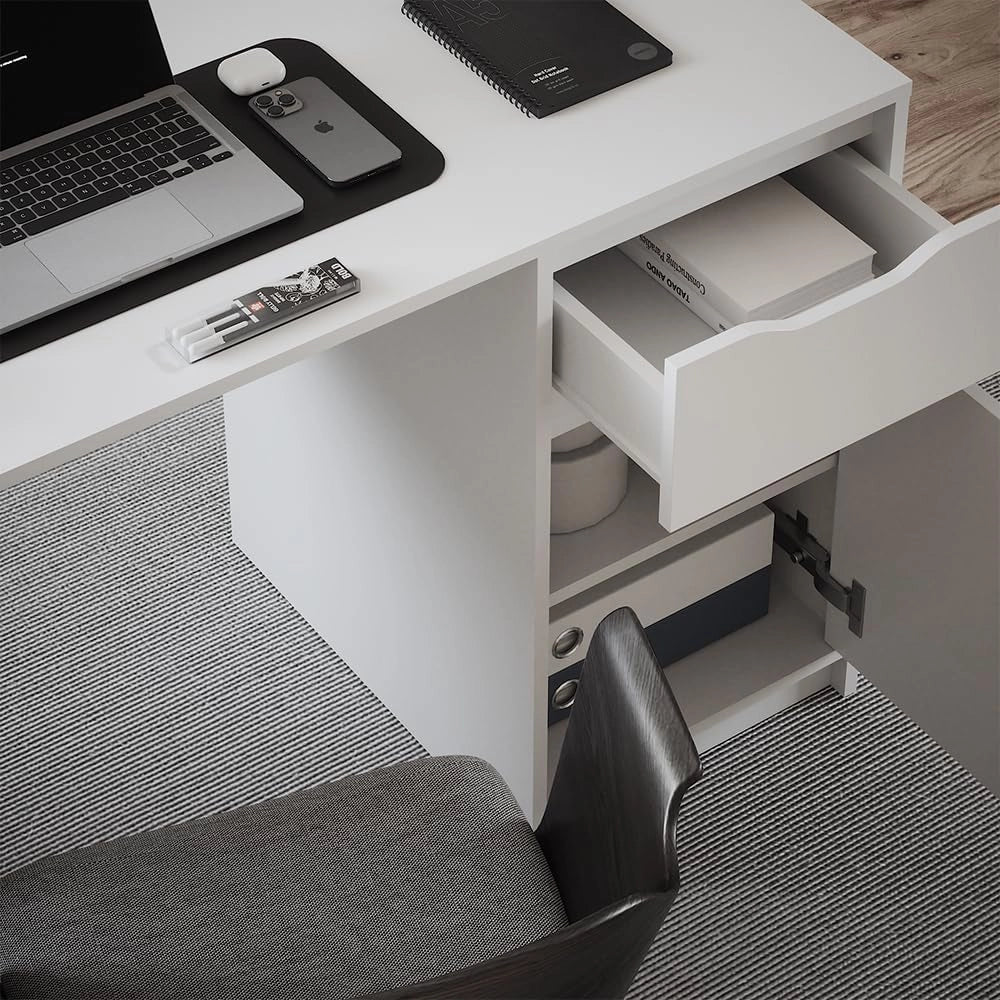 Scrivania Ruben, Bianco, 120 x 55 cm con cassetto, combinabile con altri mobili della serie Ruben