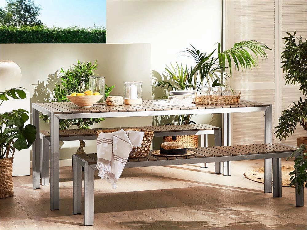 Set da Pranzo da Giardino Tavolo Rettangolare 2 Panche Telaio Alluminio anodizzato marrone esterno terrazzo