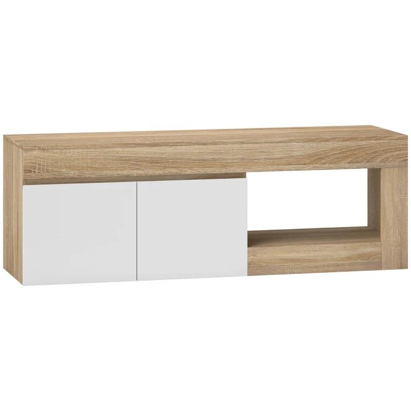 MOBILE TV MODERNO 60" MAX CON ARMADIETTO 2 ANTE E RIPIANO APERTO, 140X40X48 CM, BIANCO E COLOR LEGNO