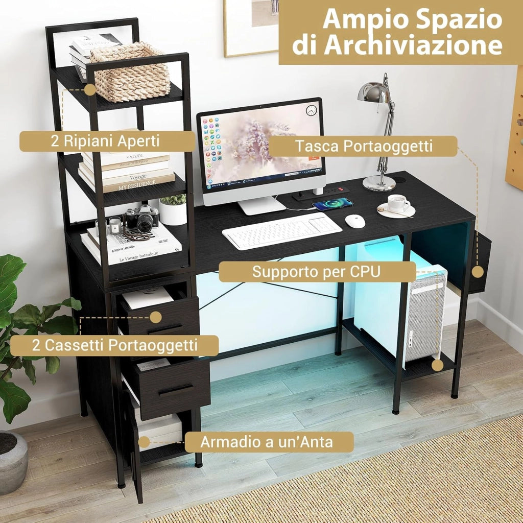 Scrivania con Libreria e Luci LED a Telecomando, Scrivania da Ufficio con Prese di Corrente, 2 Cassetti, 4 Ripiani e Anta, Scrivania per PC Salvaspazio con Tasca, 120 x 65 x 130 cm, Nero