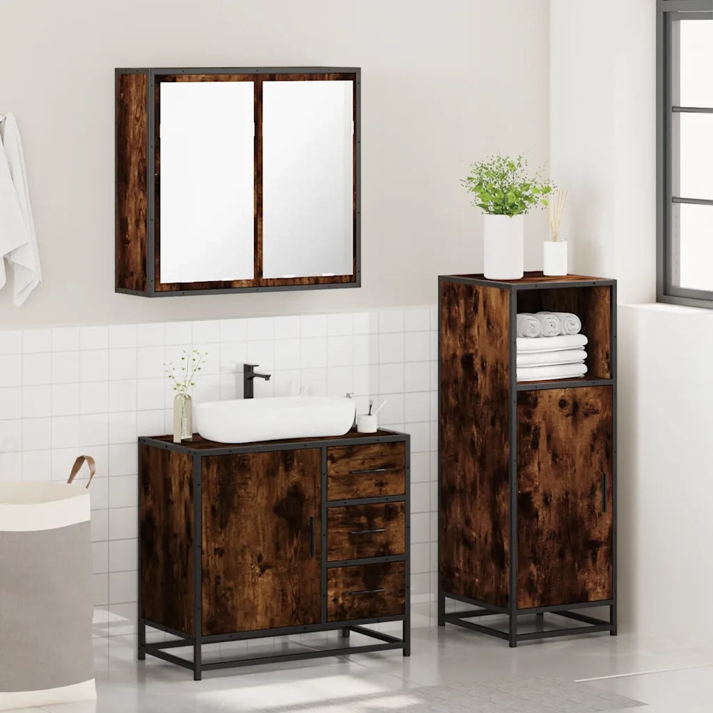 Set Mobili da Bagno 3 pz Rovere Fumo in Legno Multistrato 3300957