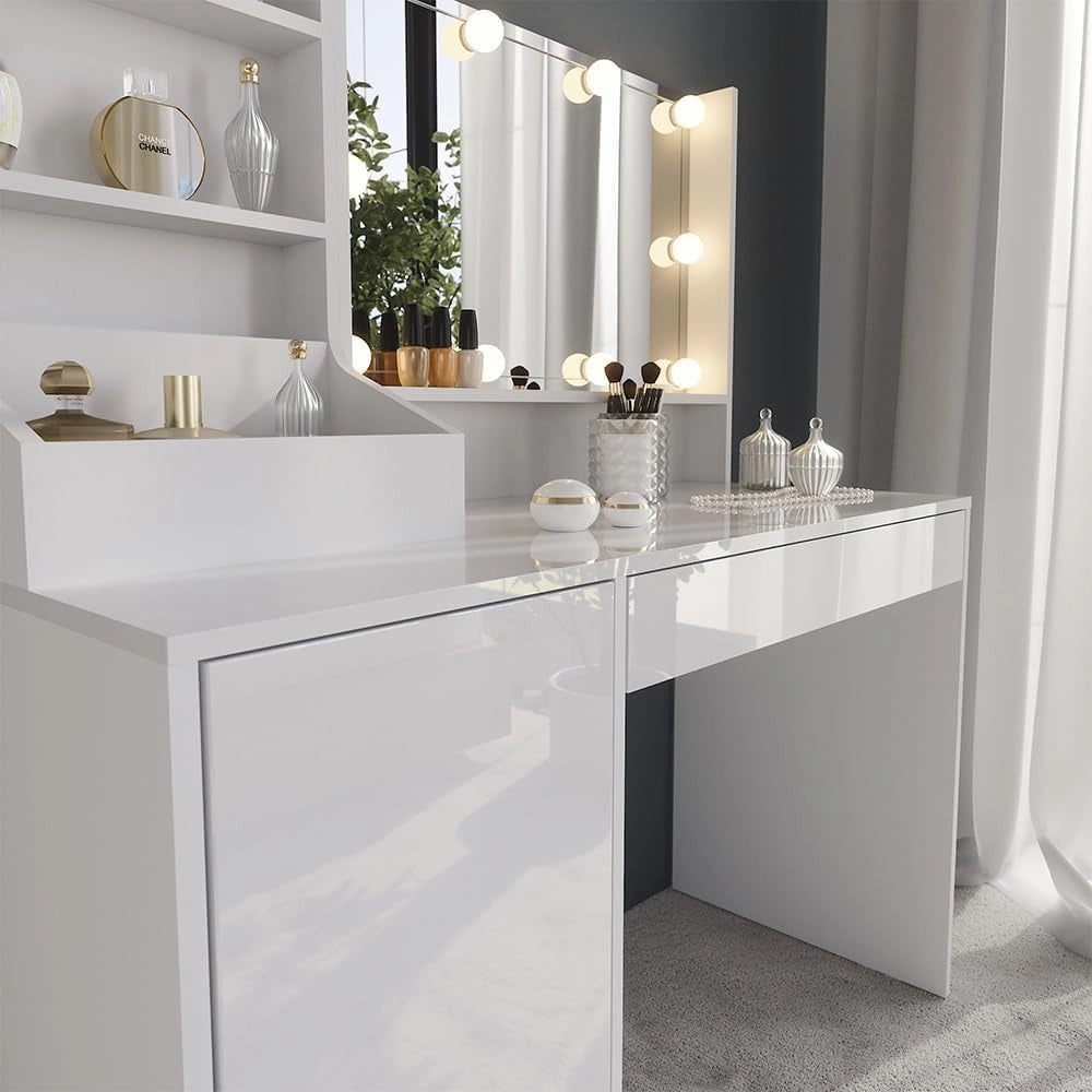 Tavolo da toeletta Sherry, Bianco/bianco lucido, 119.8 cm 4 parti