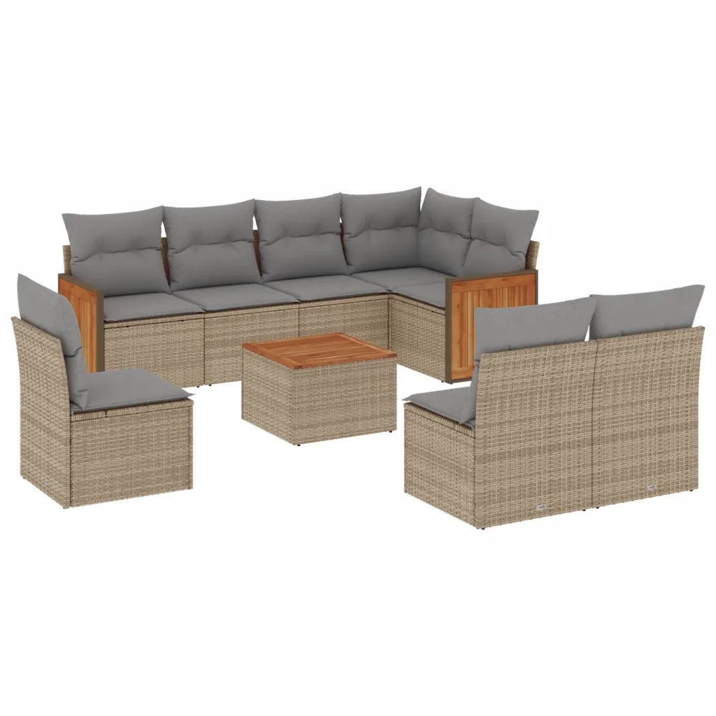 Set Divano da Giardino 9 pz con Cuscini Beige in Polyrattan