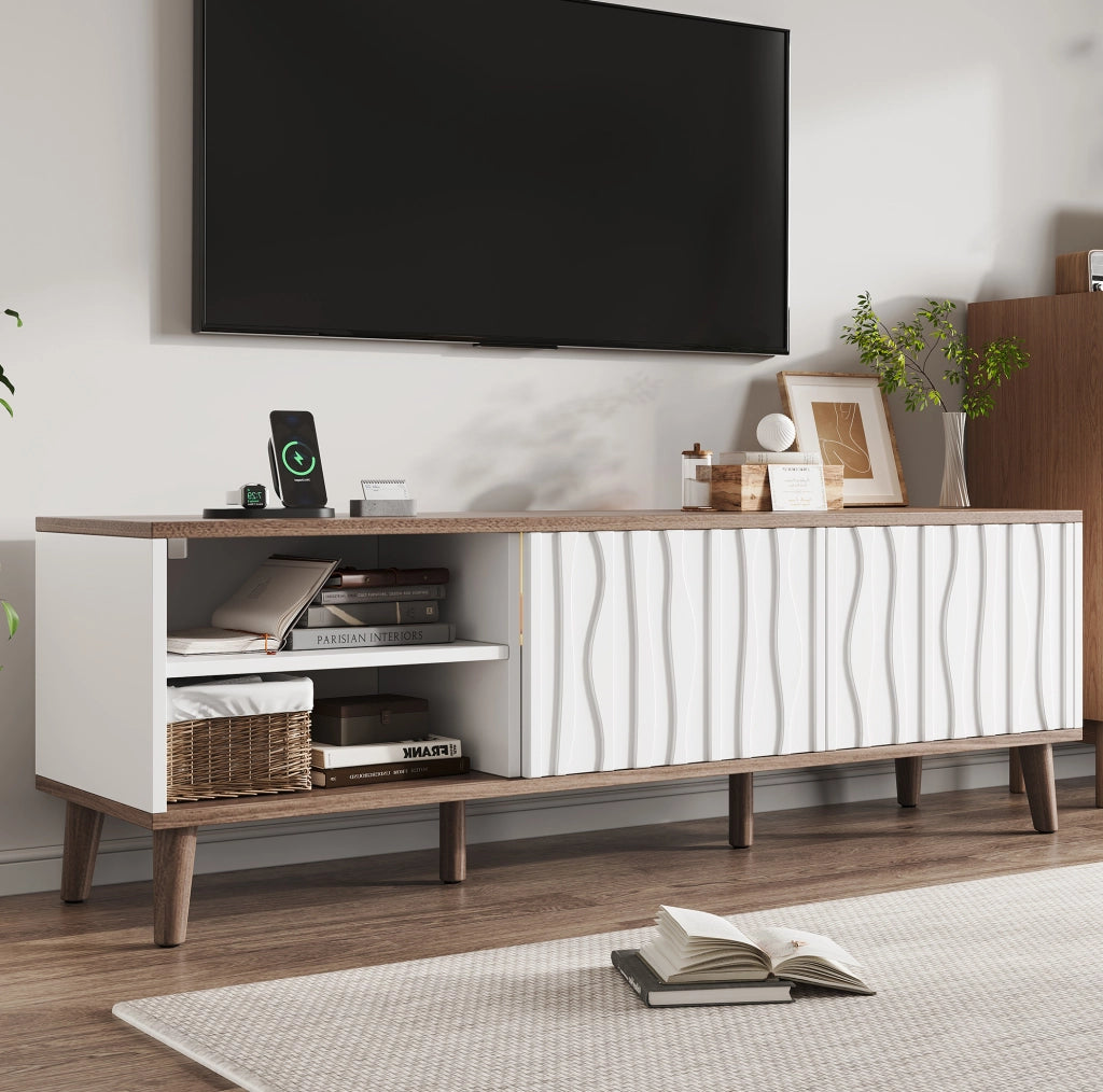 Mobile TV 160x40x52 cm con luci LED RGB e ante scorrevoli; in MDF e truciolare; bianco e noce scuro