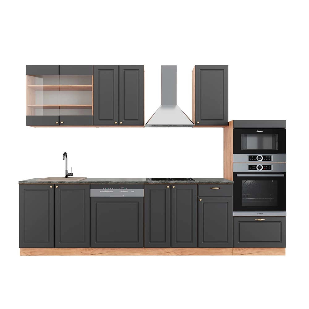 Cucina componibile Fame-Line Antracite rustico/Rovere dorato 300 cm con armadio alto, PL Antracite Vicco