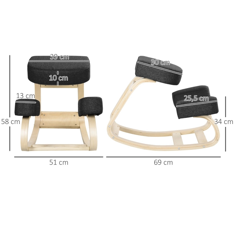 Sedia ergonomica per ginocchia con supporto posturale e seduta imbottita in legno nero per ufficio 51 × 69 × 58 cm