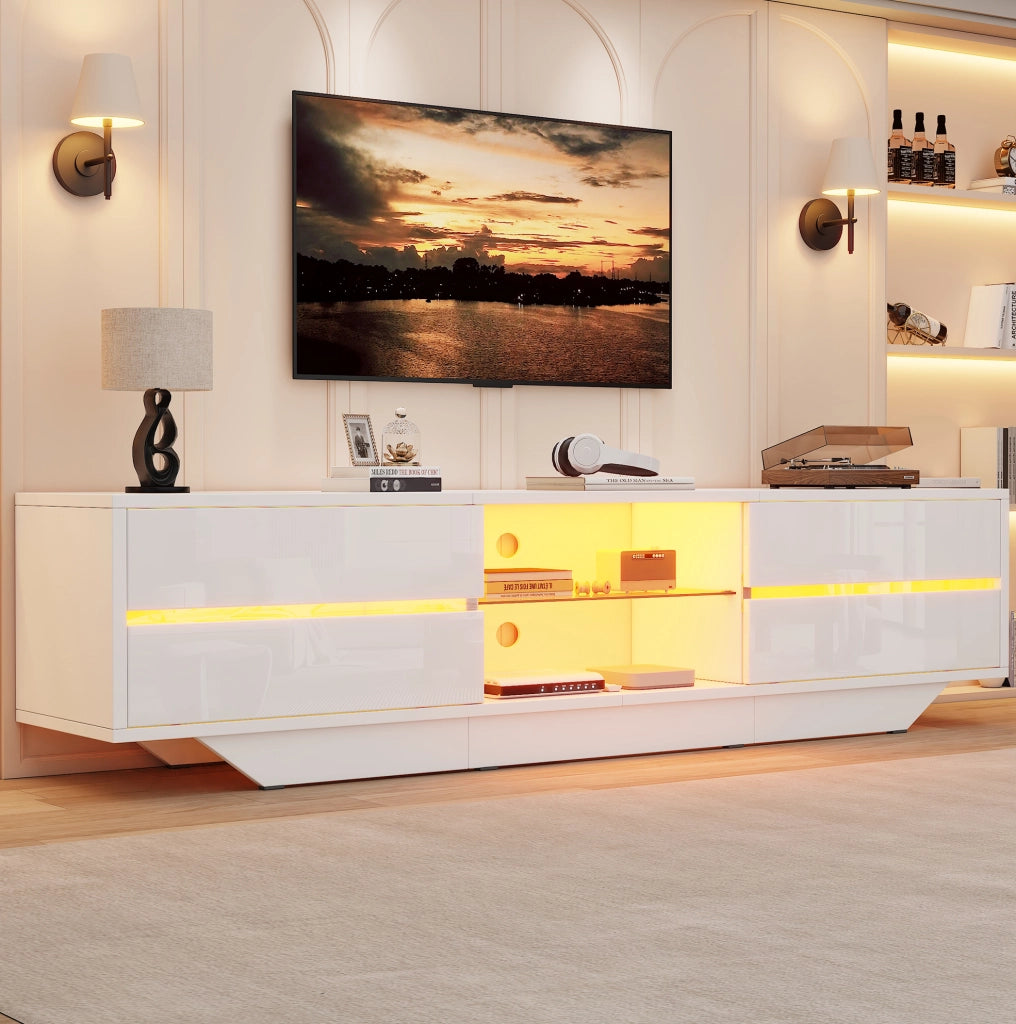 Mobile TV moderno 160 cm con LED RGB; 4 vani portaoggetti; finitura bianco lucido