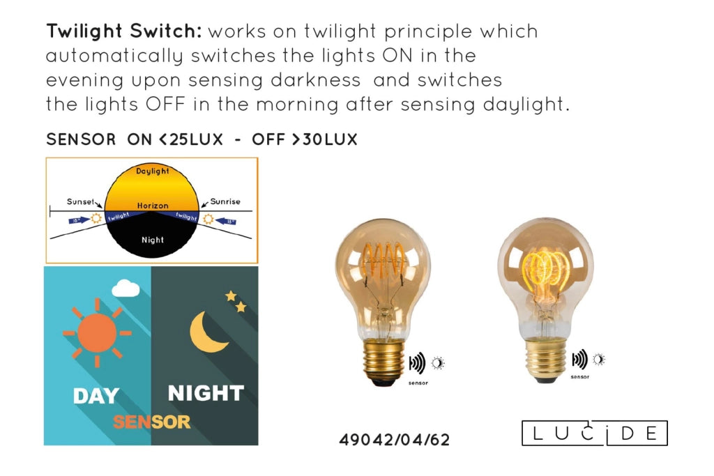 Lampadina LED filamento crepuscolare E27 ambra Lucide