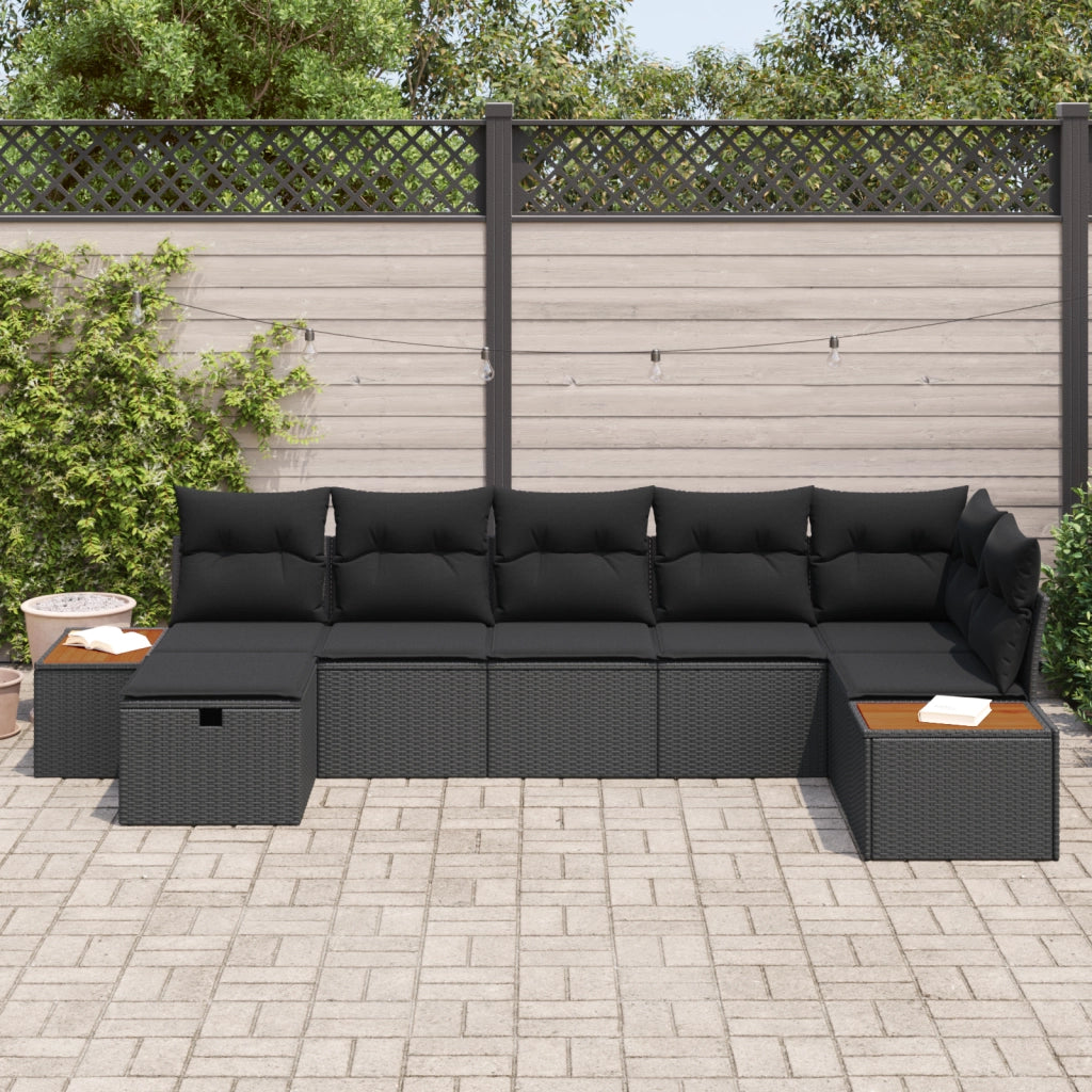 Set di Divani da Giardino a 7 Pezzi con Cuscini Neri in Polyrattan