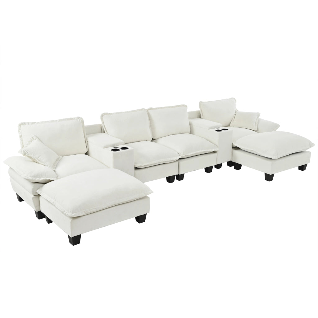 Divano panoramico a U modulare con contenitore; portabicchieri e USB in chenille beige 392×151×90 cm